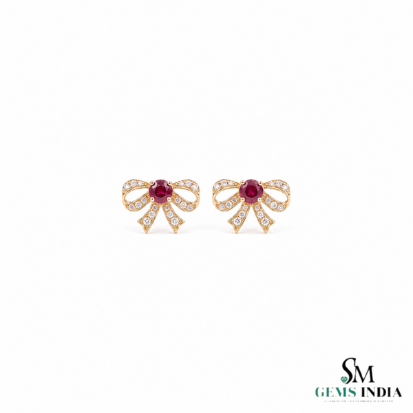 Round Ruby Bow Stud Earrings with Diamond Accents - Fine Jewelry for Women