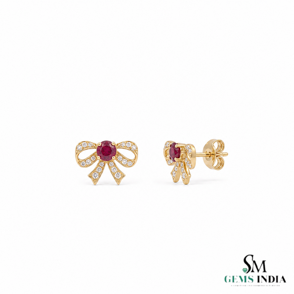 Round Ruby Bow Stud Earrings with Diamond Accents - Fine Jewelry for Women
