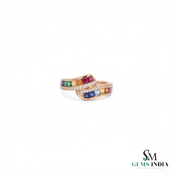 Multi Sapphire Square Cut Bypass Ring – Diamond Rainbow Gemstone Wrap Ring for Women