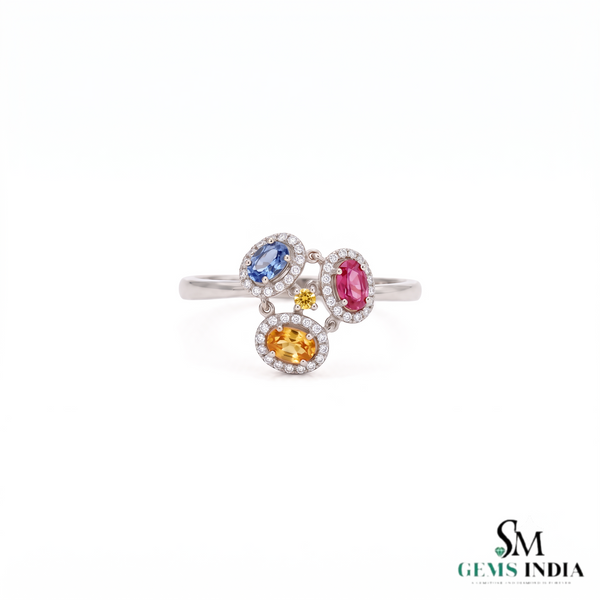 Luxury Oval Rainbow Multi Sapphire Ring With Diamond Accents - Statement Ring For Her