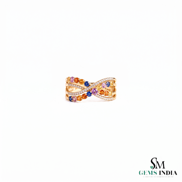 Natural Rainbow Multi Sapphire Criss Cross Infinity Ring - 14K Gold Diamond Statement Ring