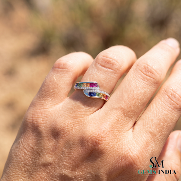 Multi Sapphire Square Cut Bypass Ring – Diamond Rainbow Gemstone Wrap Ring for Women