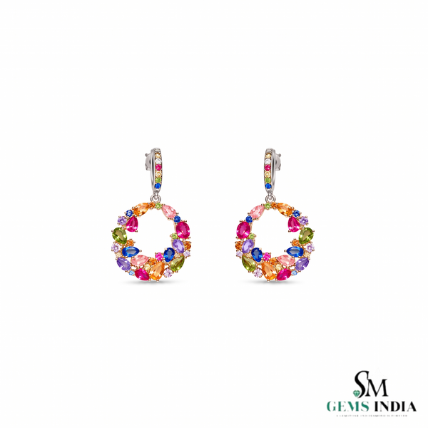 Pear andRound Rainbow Multi Gemstone Open Circle Drop Earrings for Women - Gift For Her