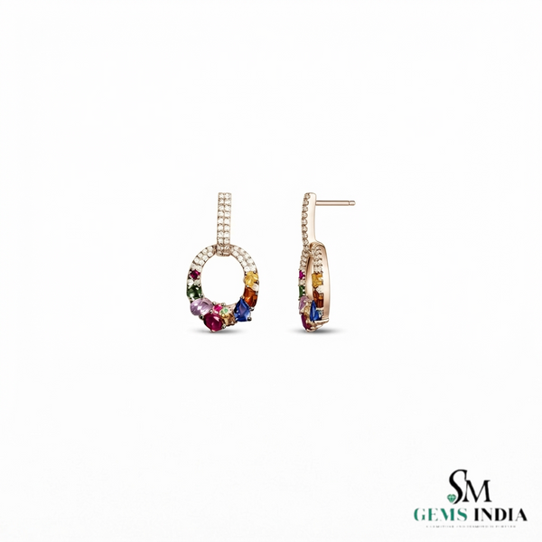 Rainbow Multi Gemstone Oval, Pear And Round Drop Stud Earrings with Diamond