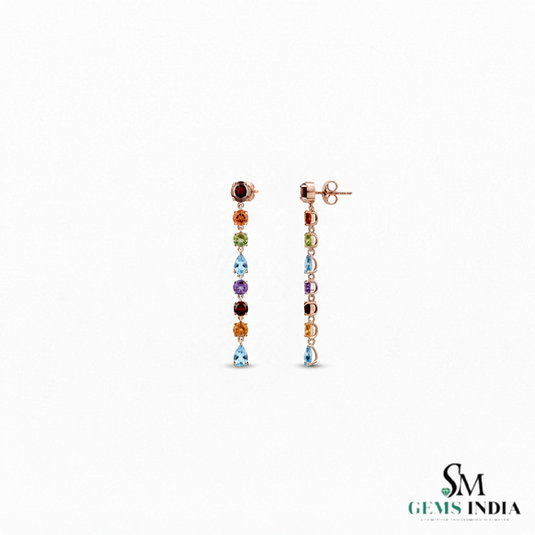 Rainbow Multi Gemstone Linear Drop Dangle Earrings for Women - Fine Jewelry Gift for Her
