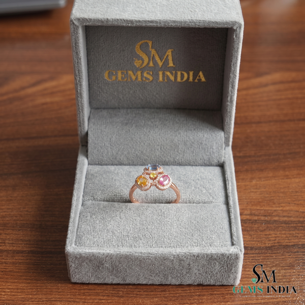 Luxury Oval Rainbow Multi Sapphire Ring With Diamond Accents - Statement Ring For Her