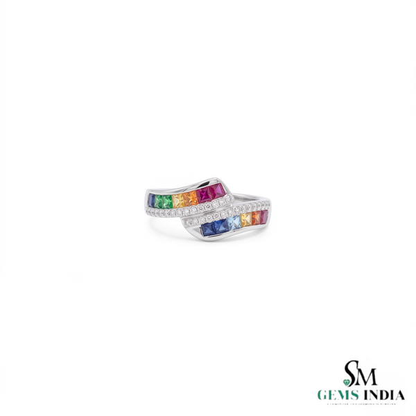 Multi Sapphire Square Cut Bypass Ring – Diamond Rainbow Gemstone Wrap Ring for Women