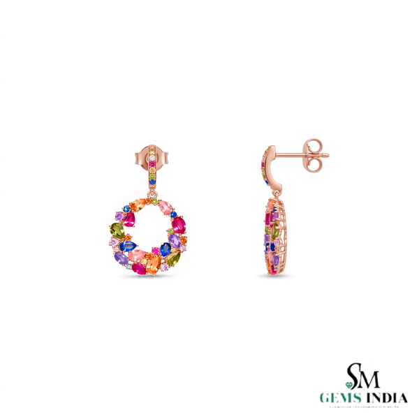 Pear andRound Rainbow Multi Gemstone Open Circle Drop Earrings for Women - Gift For Her