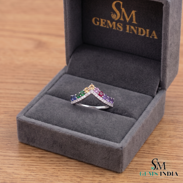 Round Multi Sapphire Rainbow Gemstone Chevron Ring – Minimalist Stackable Ring