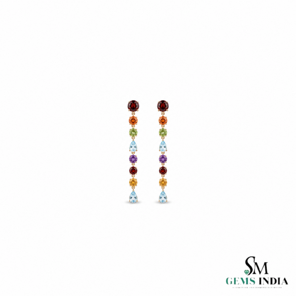 Rainbow Multi Gemstone Linear Drop Dangle Earrings for Women - Fine Jewelry Gift for Her