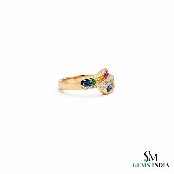 Multi Sapphire Square Cut Bypass Ring – Diamond Rainbow Gemstone Wrap Ring for Women