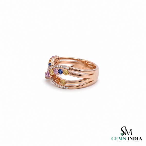Natural Rainbow Multi Sapphire Criss Cross Infinity Ring - 14K Gold Diamond Statement Ring