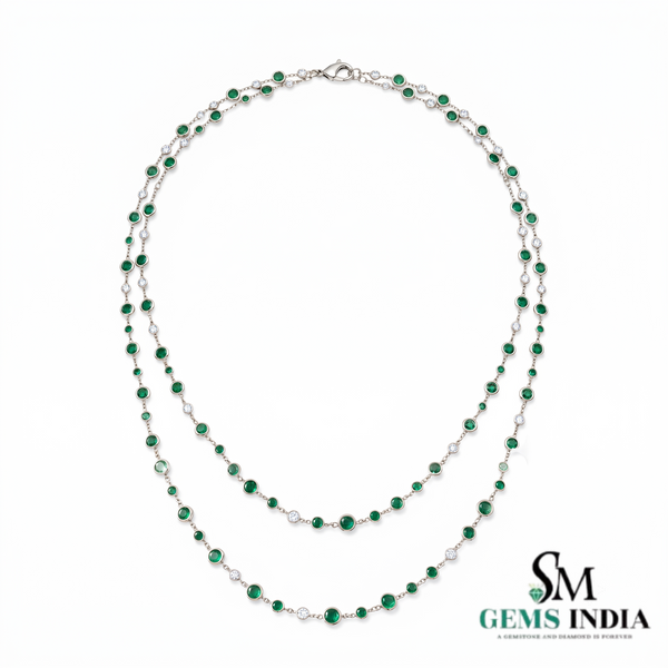 Natural Emerald & Diamond Bezel Station Double Layer Necklace - Fine Jewelry for Women