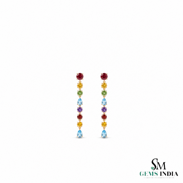 Rainbow Multi Gemstone Linear Drop Dangle Earrings for Women - Fine Jewelry Gift for Her