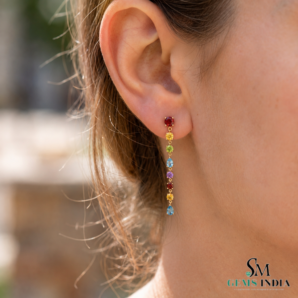 Rainbow Multi Gemstone Linear Drop Dangle Earrings for Women - Fine Jewelry Gift for Her