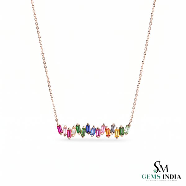 Rainbow Baguette Bar Necklace in 14K Gold - Minimalist Everyday Jewelry