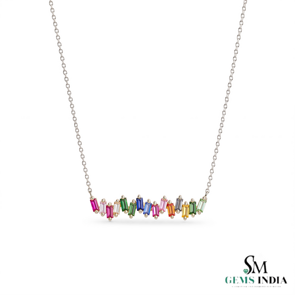Rainbow Baguette Bar Necklace in 14K Gold - Minimalist Everyday Jewelry