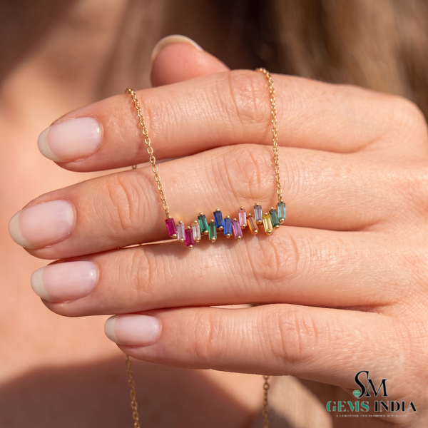 Rainbow Baguette Bar Necklace in 14K Gold - Minimalist Everyday Jewelry