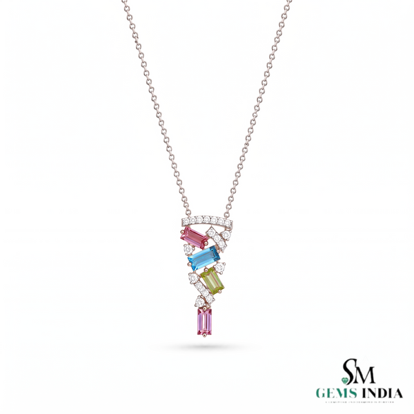 Elegant Multi Sapphire Bagguette Pendant Necklace With Diamod Accent - Gift For Her