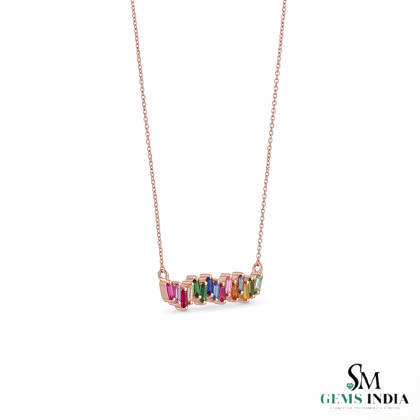 Rainbow Baguette Bar Necklace in 14K Gold - Minimalist Everyday Jewelry