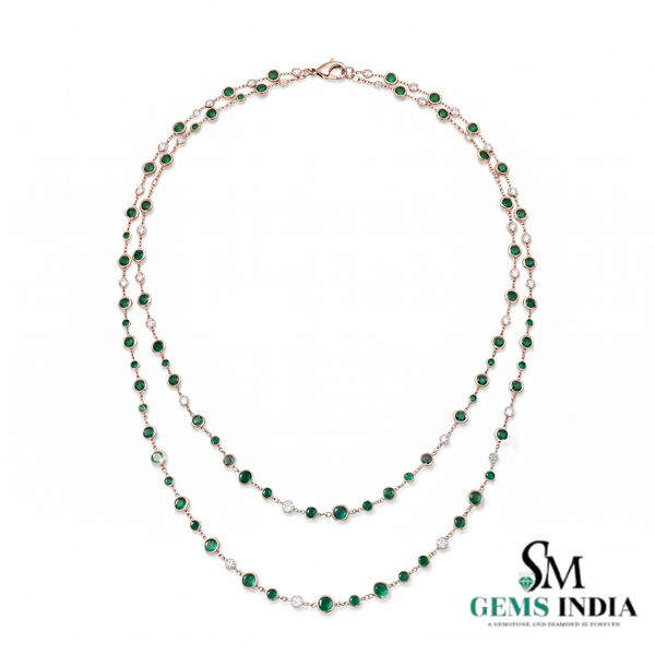 Natural Emerald & Diamond Bezel Station Double Layer Necklace - Fine Jewelry for Women