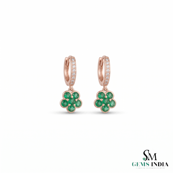 Round Green Emerald Flower Drop Earrings – Diamond Accent Hoop Earrings