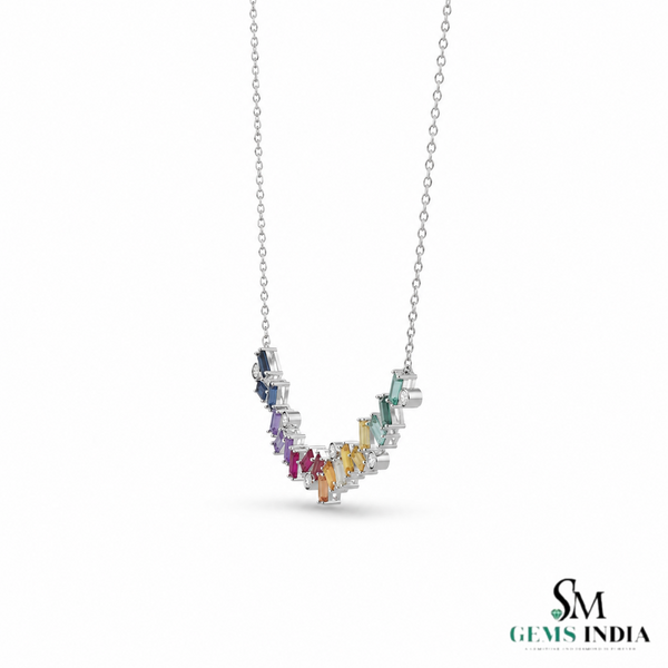 Multi Sapphire Baguette Cut Curved Bar Necklace - Anniversary Gift For Her