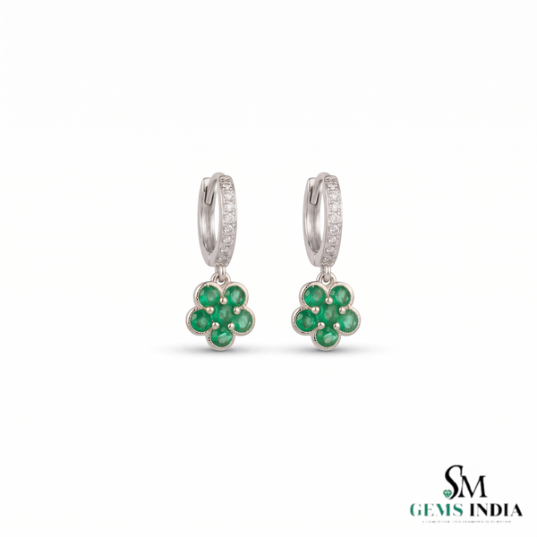 Round Green Emerald Flower Drop Earrings – Diamond Accent Hoop Earrings