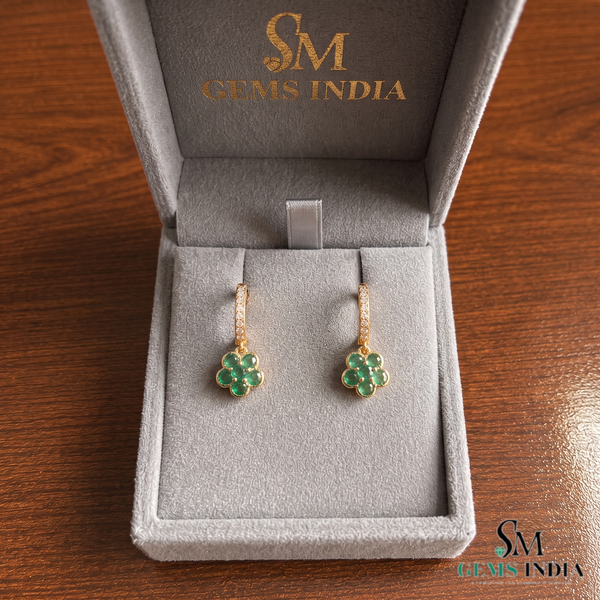 Round Green Emerald Flower Drop Earrings – Diamond Accent Hoop Earrings