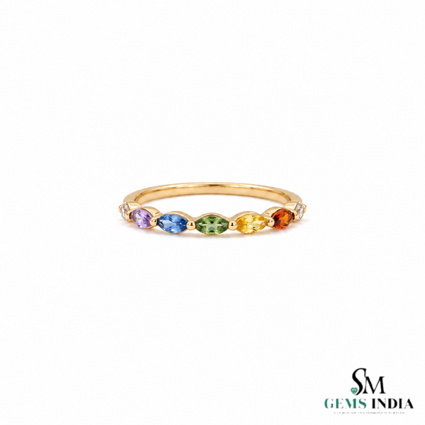 Multi Gemstone Marquise Band Ring - Minimalist Stackable Birthstone Ring