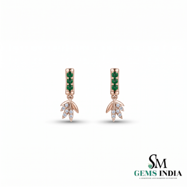 Round Emerald & Diamond Leaf Drop Earrings - Gift for Her