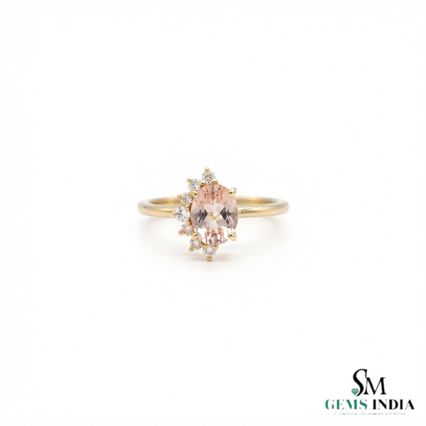 Natural Morganite Oval Cut Gold Ring with Diamond Accent Halo – Elegant Women’s Engagement Ring