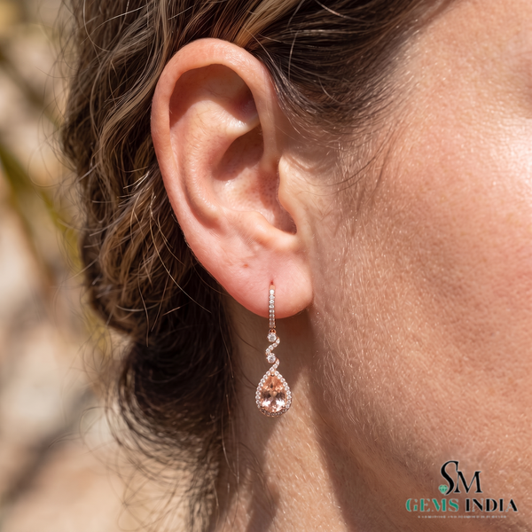Pear cut Morganite & Diamond Twist Drop Earrings - Statement Jewelry