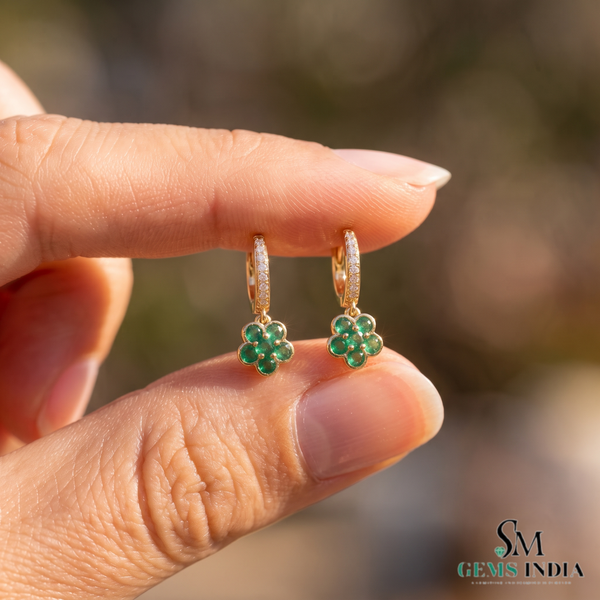 Round Green Emerald Flower Drop Earrings – Diamond Accent Hoop Earrings