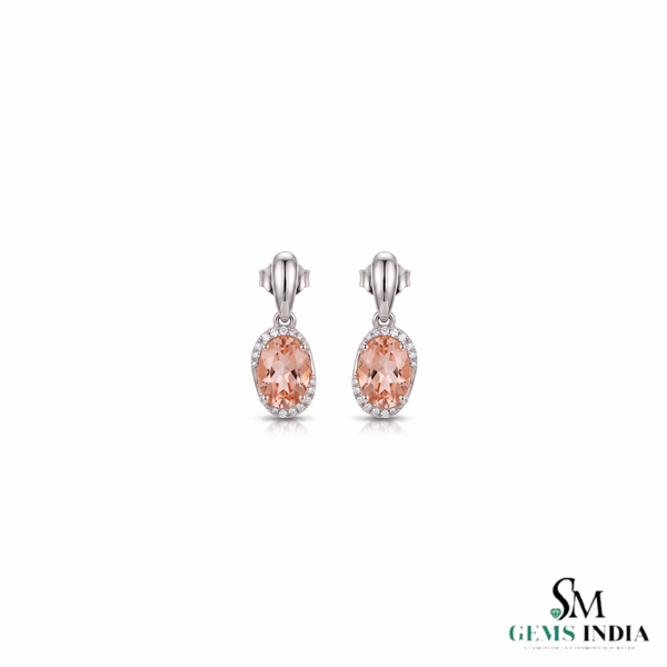 Oval Pink Morganite Stud Drop Earrings with Diamond Halo - Gift For Her
