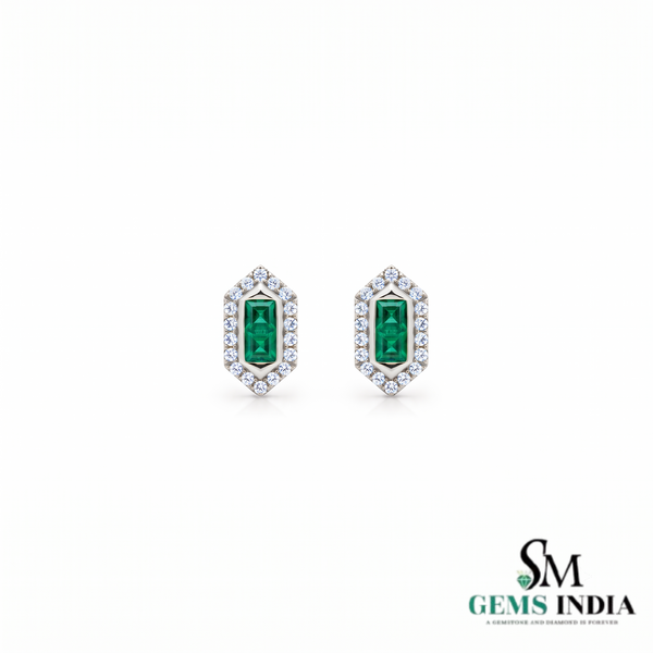 Double Princess Cut Emerald Diamond Halo Stud Earrings - May Birthstone Jewelry