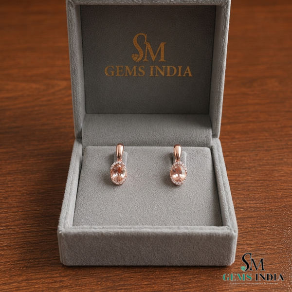 Oval Pink Morganite Stud Drop Earrings with Diamond Halo - Gift For Her