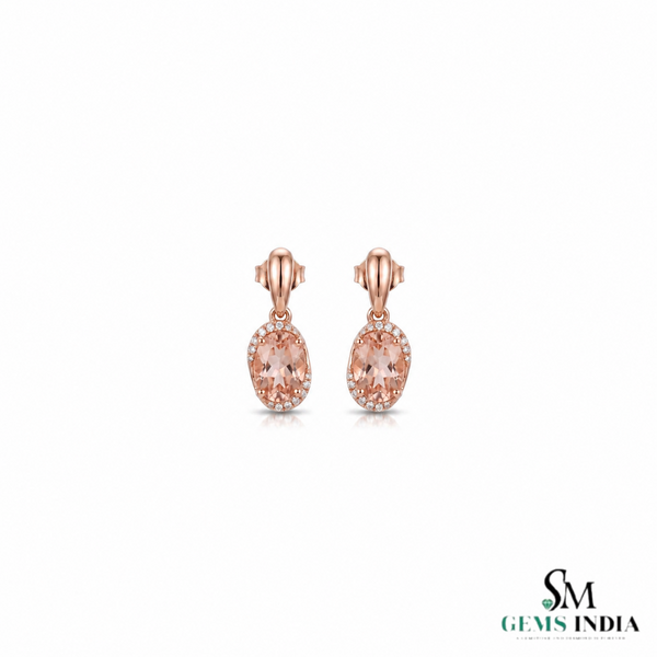 Oval Pink Morganite Stud Drop Earrings with Diamond Halo - Gift For Her