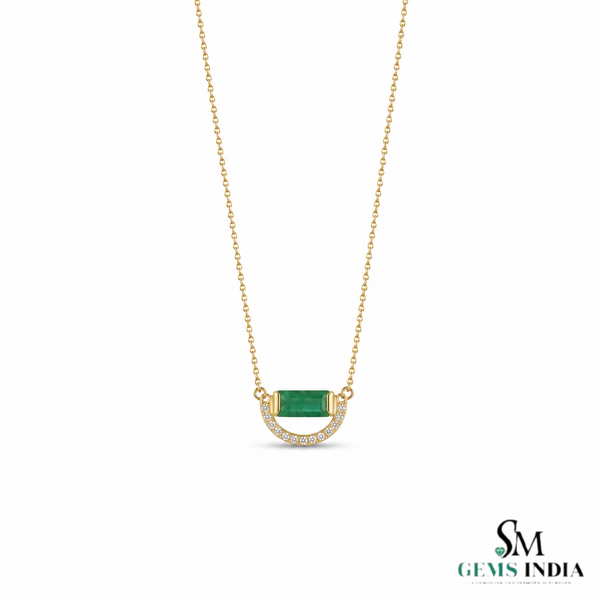 Baguettes Green Emerald Pendant with Diamond Horseshoe Design - Green Gemstone Jewelry
