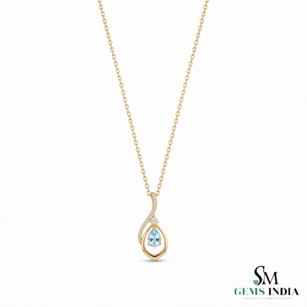 Natural Aquamarine Pear Cut with Diamond - Unique Curved Pendant