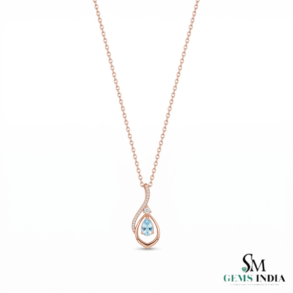 Natural Aquamarine Pear Cut with Diamond - Unique Curved Pendant