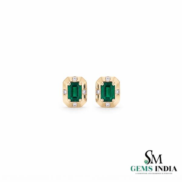 Emerald Cut Emerald Stud Earrings with Diamond Accents - Emerald Gift for Her