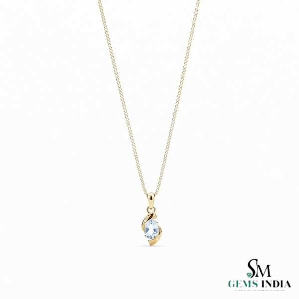 Natural Aquamarine Gemstone With Curved Gold Accent Pendant - Luxury Fine Jewelry