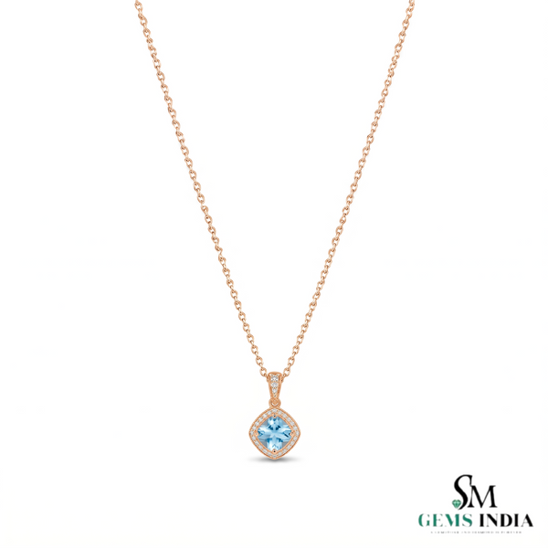 Natural Aquamarine Cushion Cut Pendant With Diamond Accent - Elegant Jewelry Gift For Her
