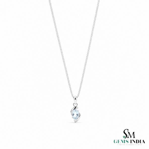 Natural Aquamarine Gemstone With Curved Gold Accent Pendant - Luxury Fine Jewelry