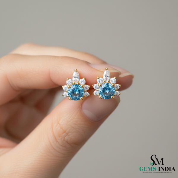 March Birthstone Round Aquamarine Diamond Cluster Stud Earrings